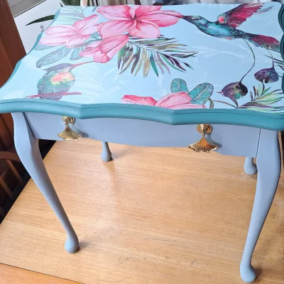 Blue Upcycled Side Table with Botanical and Exotic Birds Design