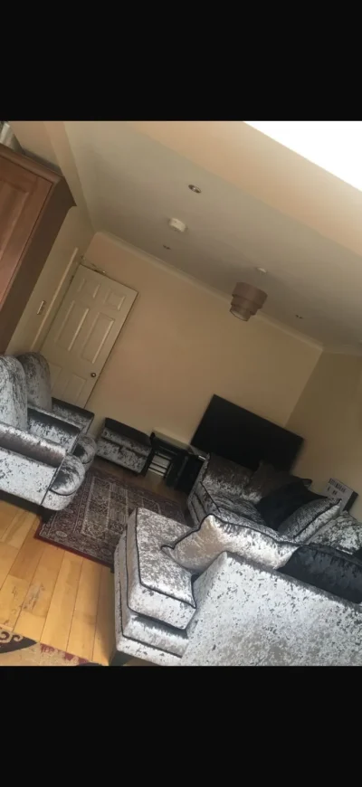 Broken velvet grey/ silver with black outline 4 seater corner sofa set with 2  arm chairs and foot storage box