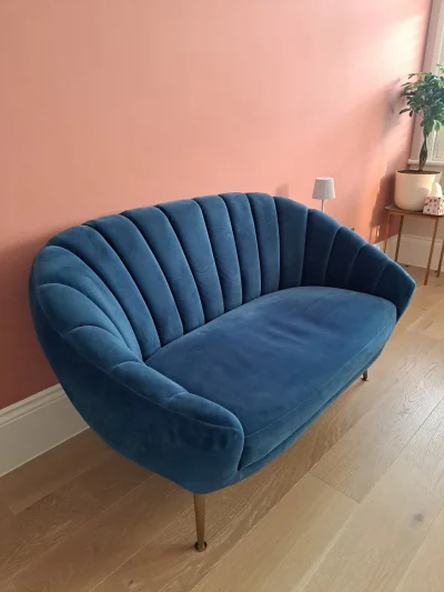 Stylish Modern Curved Blue Velvet Sofa with Channeling — image 3