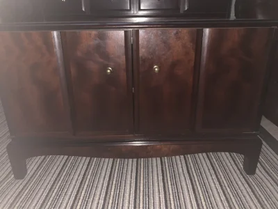 Vintage dark wood media cabinet with record storage drawers
