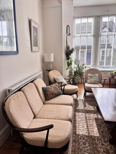 Vintage Designer Ercol Dark Wood Three-Piece Sofa Suite- Sofa + Two Armchairs