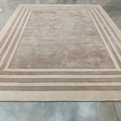 Hand-Tufted Beige Wool Area Rug 10x14 ft - Modern Border, Unused